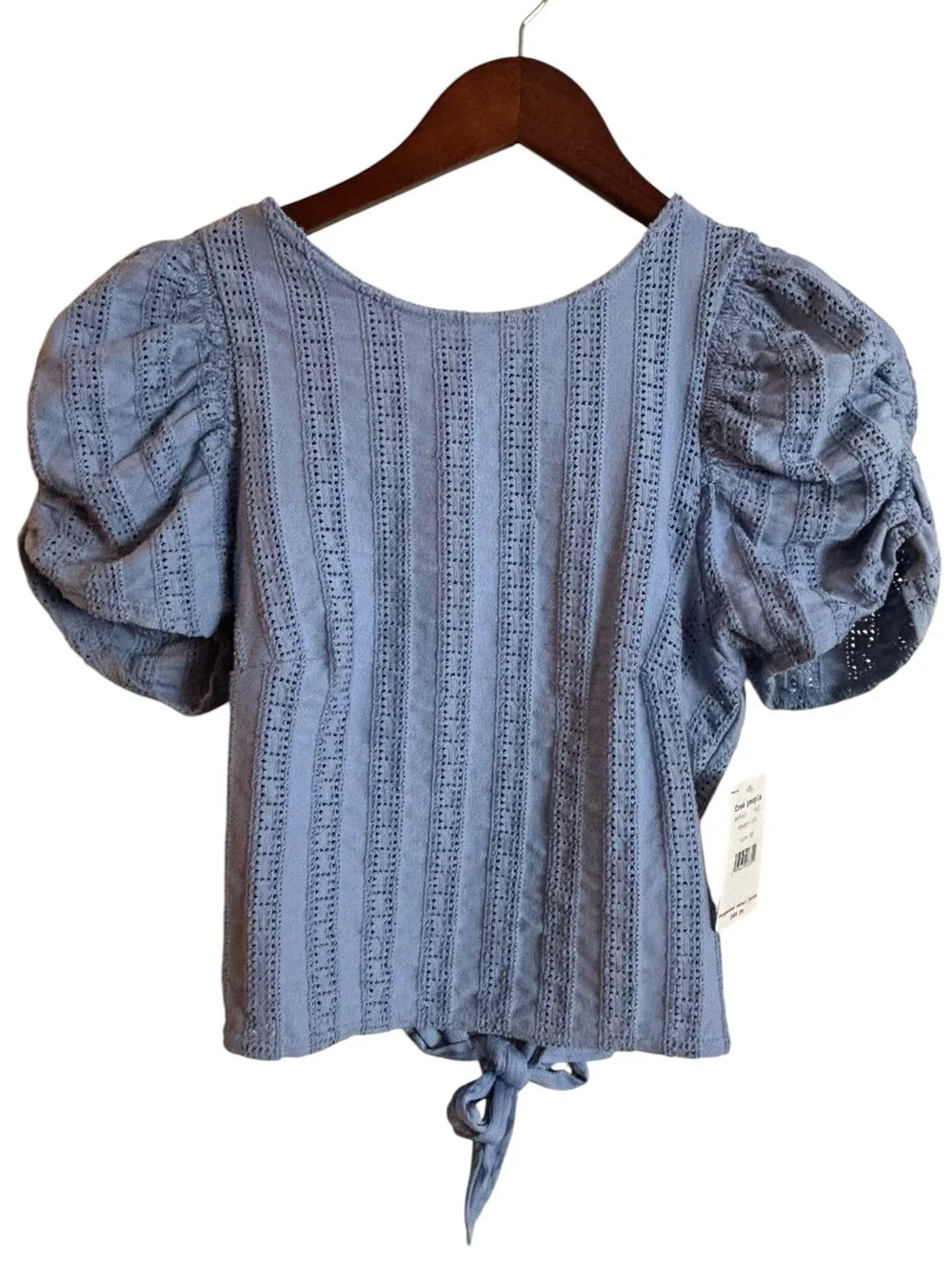 NEW Free People Star Struck Puff Sleeve Open Back Crop Top XS Coquette Blue Cute